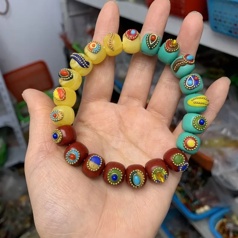 Handmade Inlaid Traffic Red Green Yellow Bracelet 12mm, Amber Turquoise Red Stone Tibetan Nepal Mala DIY Accessories