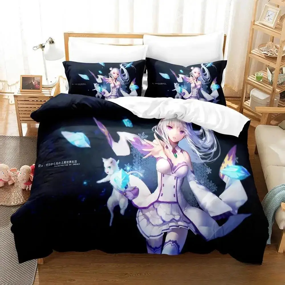 3D Print Anime Re Zero Rem Ram Emilia Bedding Set Duvetcover Bed Set Quilt Cover Pillowcase Comforter king Queen Size Boys Adult