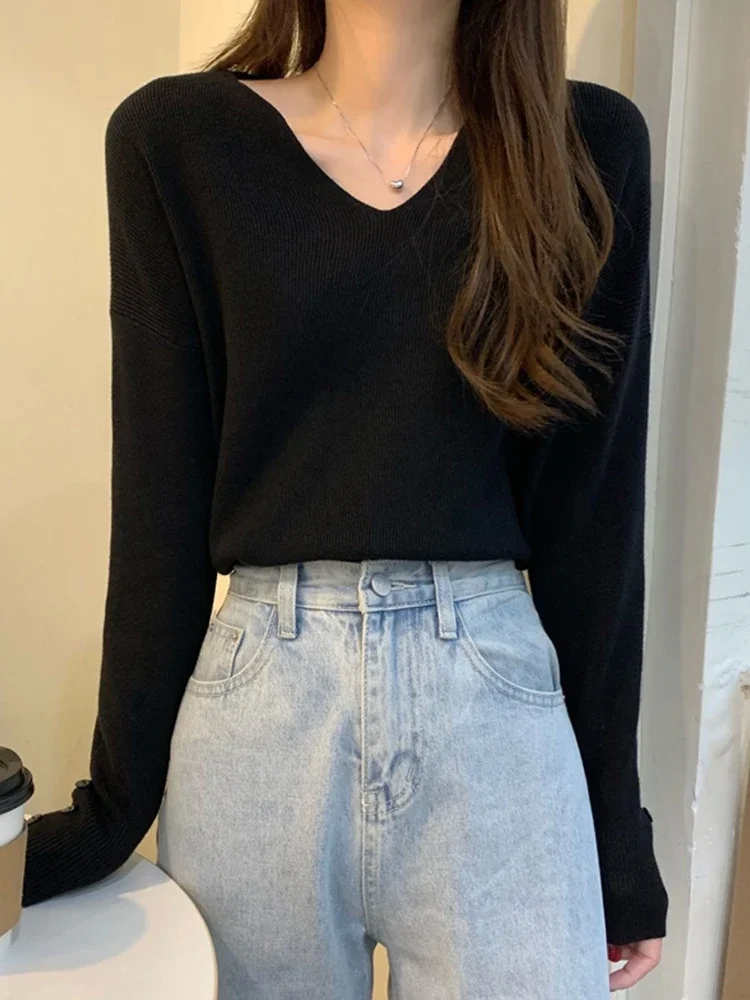 2025 الخريف الشتاء الخامس الرقبة سترة البلوفرات المرأة فضفاضة زر البلوز المرأة سترة ناعمة البلوز بلوزات على الموضة