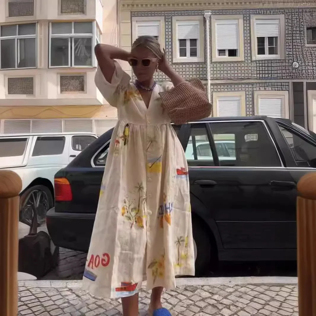 

Elegant Printed Dress Women V Neck Puff Sleeve Loose Midi Female Dresses 2024 Summer Holidays Casual Lady Beach A-Line Vestidos