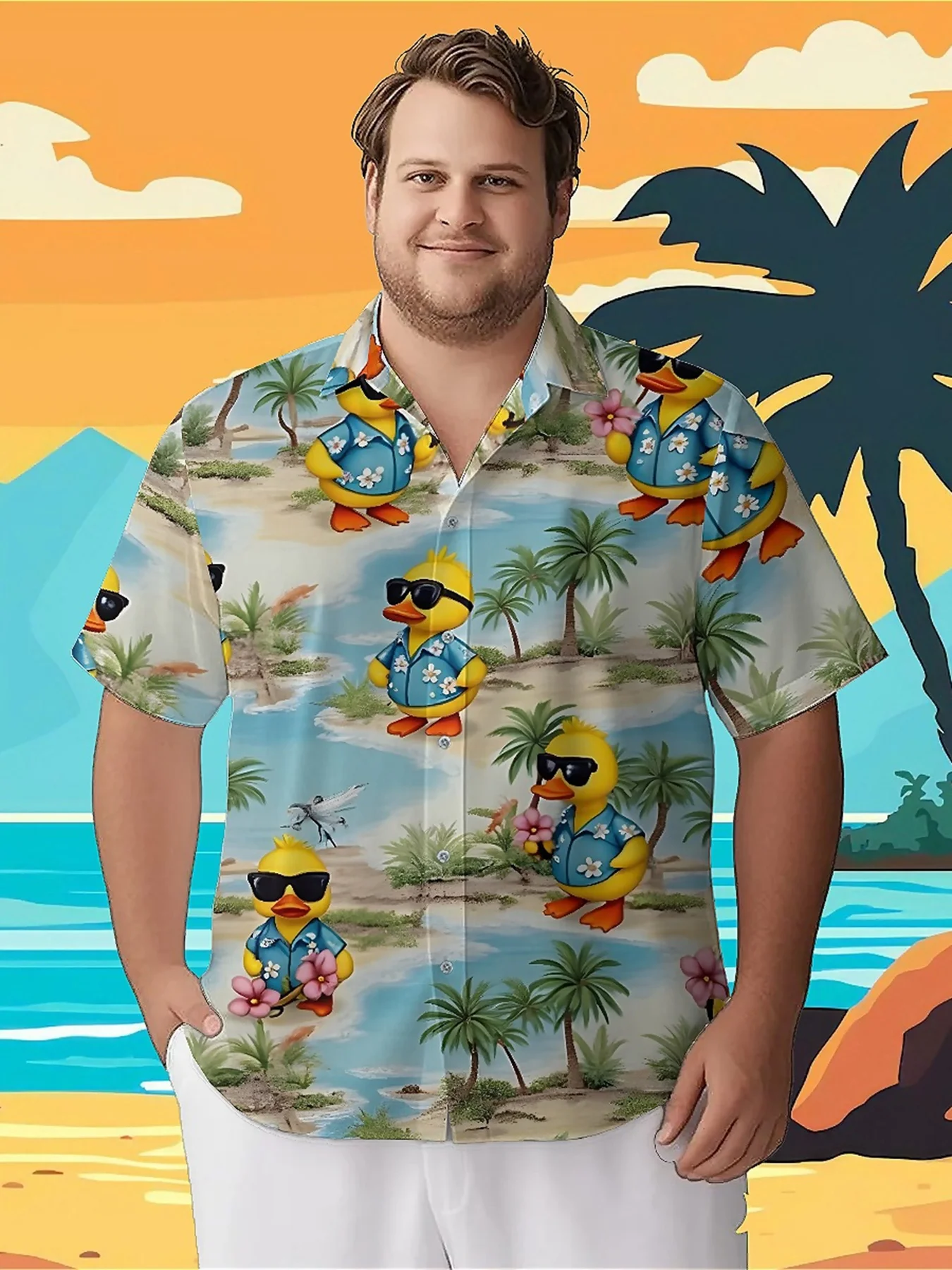 

Men's Plus Size Hawaiian ShirtsTropical Beach Duck Themepattern, Button Up Shirts, Unisex Casual Clothing, Summer Tops