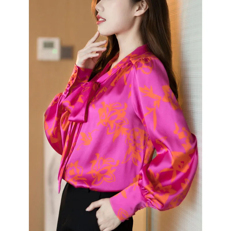 2023 New Spring Fashion Print V-neck Rose Red Unique Ribbon Satin Shirt Temperament Commuting Women\'s Lantern Sleeve Casual Top