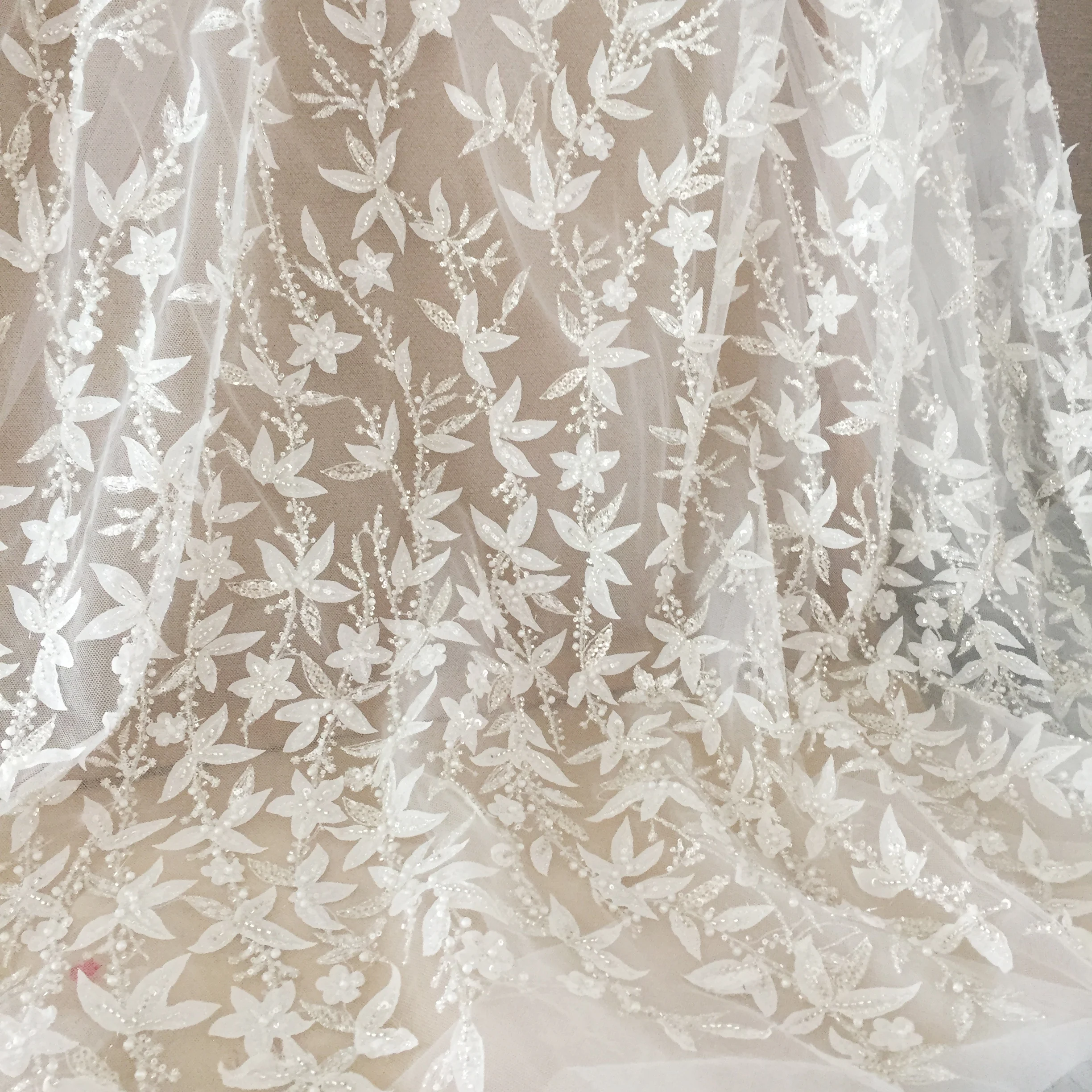 3D Blumen-Bambusblatt-Nagelperlen-Spitzenstoff, Hochzeitskleid, DIY-Netzstoff, Nähkleid, RS4095 – Detail 7