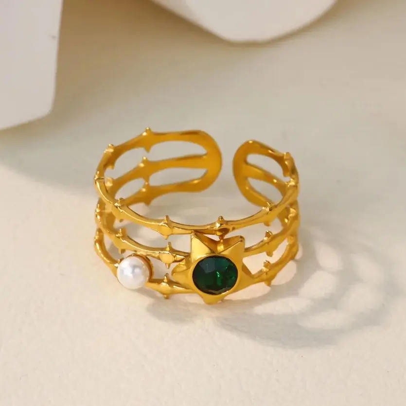 Zircon Geometric Star Pearl Rings for Women 18K Gold Plated Stainless Steel Ring Fashion Party Daily Wear Jewelry Gift