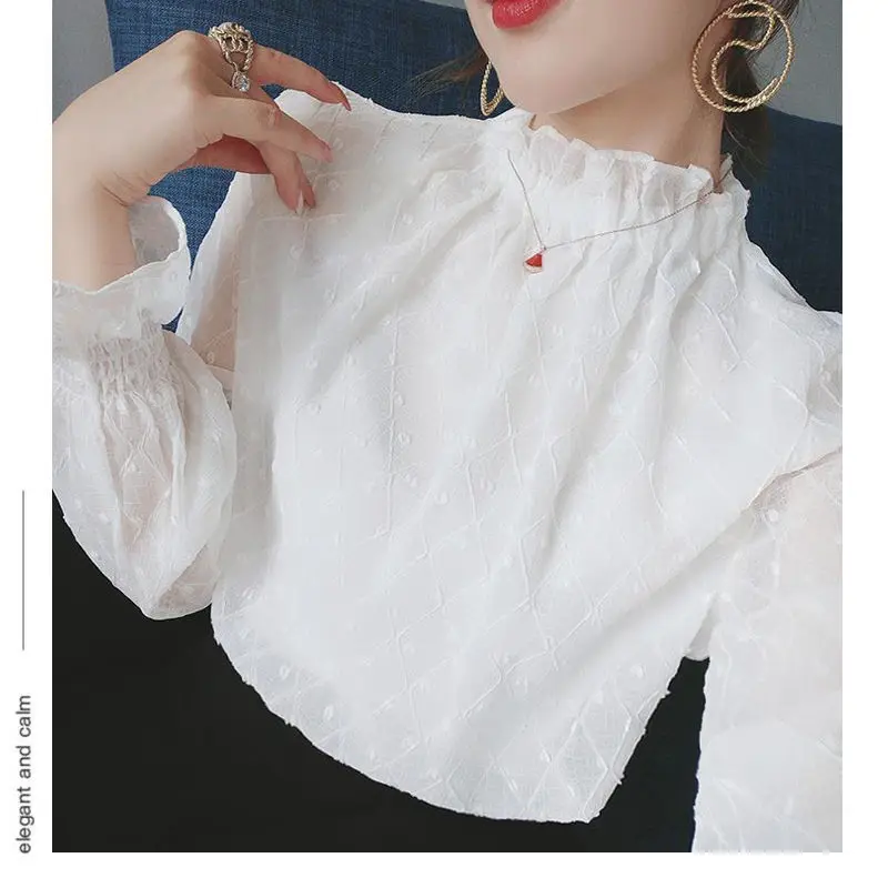 Elegant Embroidery Ruffled Neck Flare Sleeve Oversized Chiffon Shirt 2022 New Casual Tops Loose Commute Women\'s Clothing Blouse