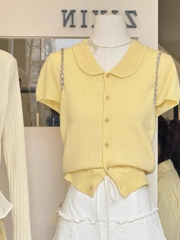 

Yellow Doll Collar ort Sve Knitted T-irt Women's Summer Slim Fit irt oulder Length Design Korean Sle Pure Color