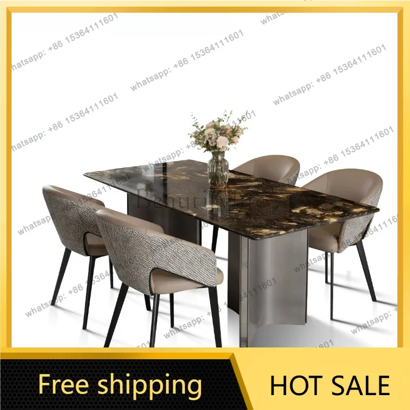 zj.Dining Room Furniture Luxury Stone Dining Table Marble Rectangle Household Dining Table Set 6 Chairs Space Saving Furniture