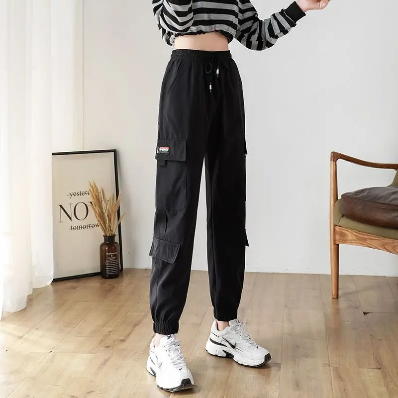 

Women's Cargo Pants Black Ribbon Pocket Jogger Elastic Waist High Streetwear Casual Pant Punk Females Trousers Harem Pants A68