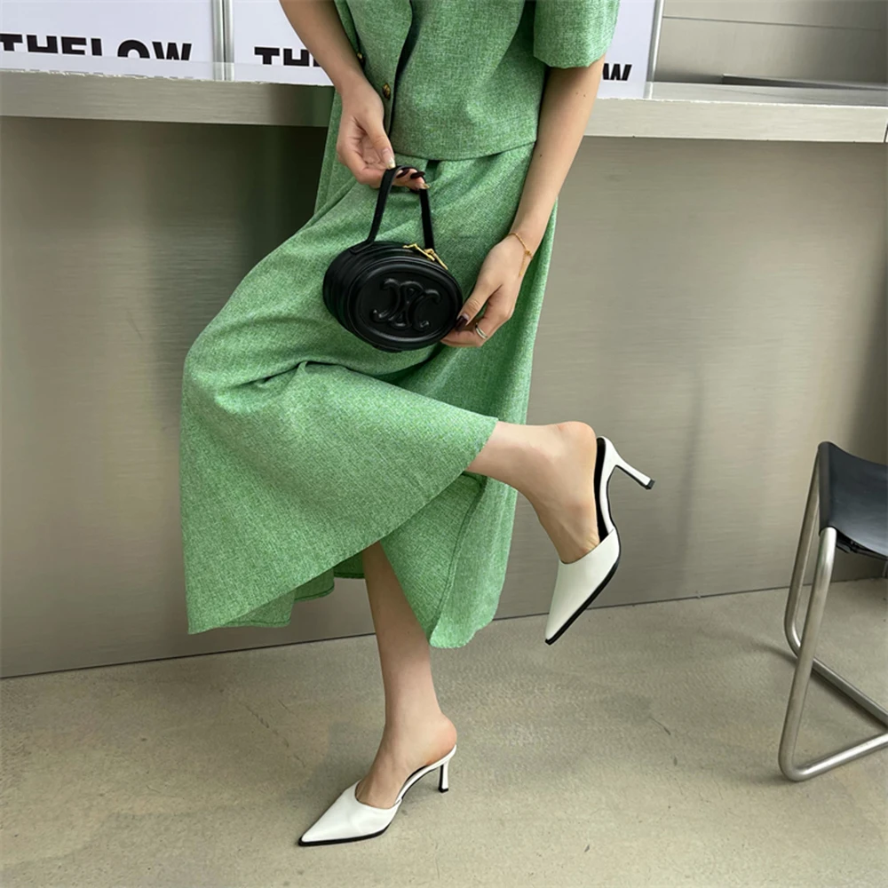 Women Slippers Slides Thin High Heels Black White Silver Outside Mules Shoes 2024 New Arrivals Party Pumps Dress Shoes 35-39