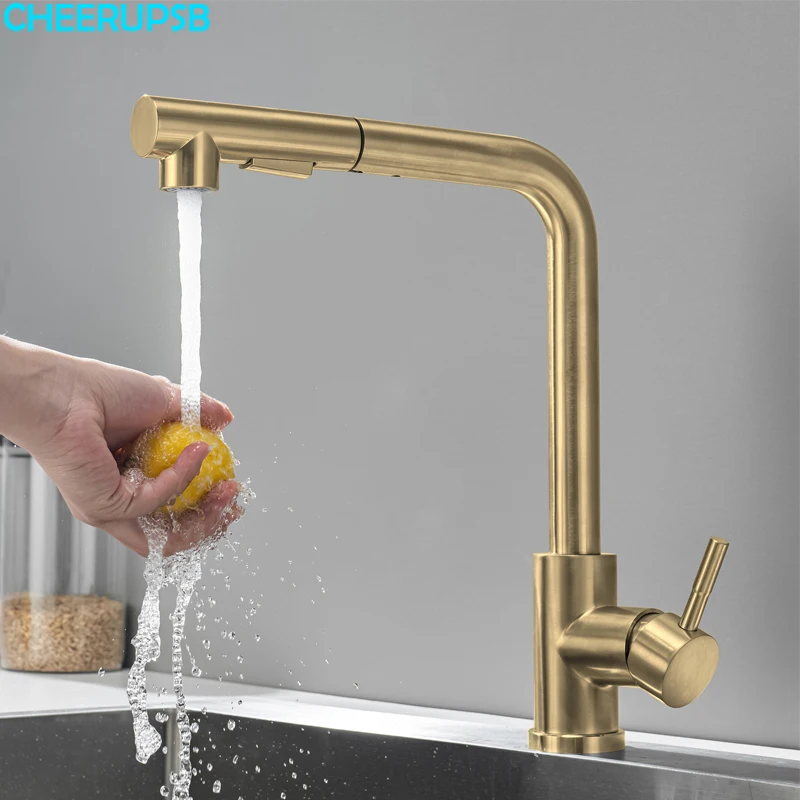 

Hot Cold Mixer Faucet Kitchen Sink 304 Stainless Steel Pull Out Tap Deck Mount 360 Degree Rotation Brushed Gold Modern Faucets