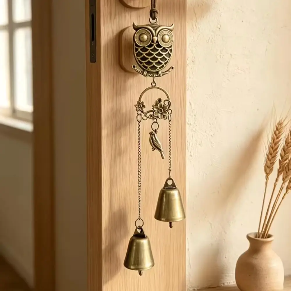 Metal Wind Chime Owl Wind Chime Double Bells Owl Shape Decorative Pendant Butterfly Detail Metal Owl Hanging Ornament