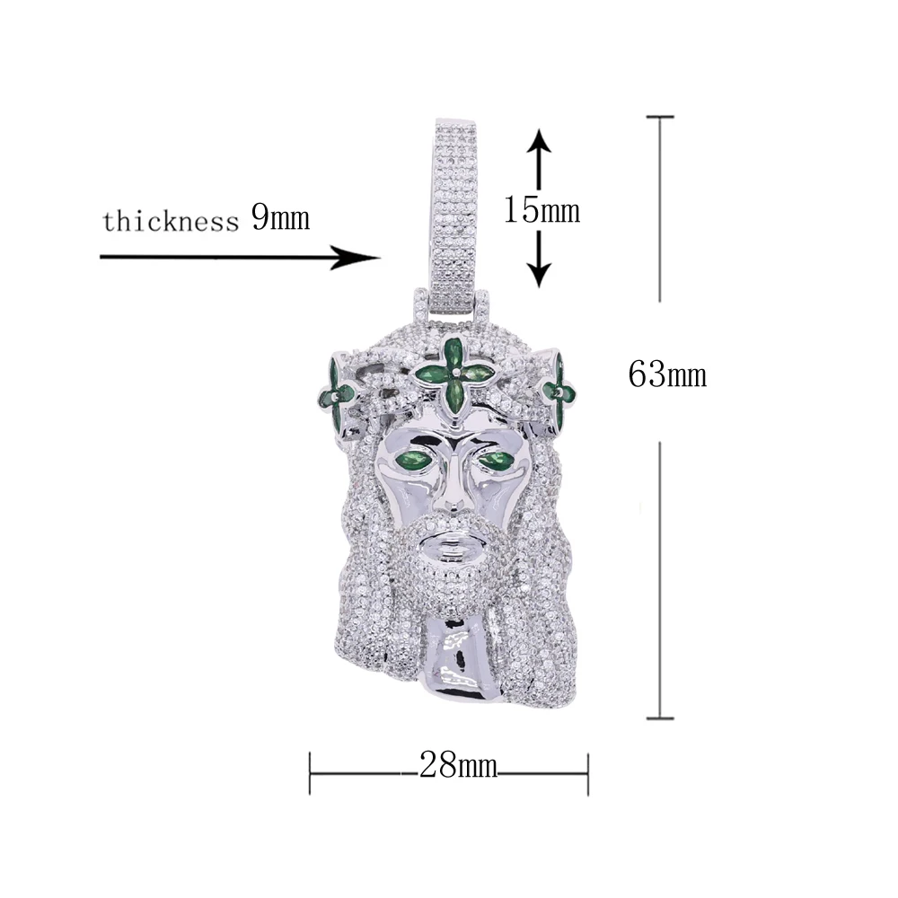 Iced Out Bling Jesus Pendant Necklace Green Cubic Zirconic Paved Charm Hip Hop Christian Jewelry Religious Gifts For Men