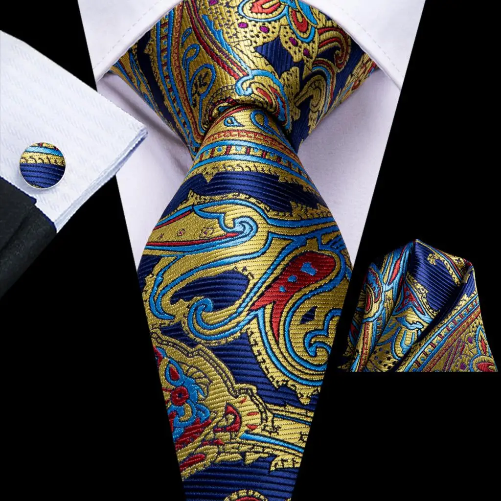 Hi-Tie Yellow Blue Paisley 2023 New Elegant Mens Tie Hanky Cufflinks Silk Neckties For Men Wedding Party Business Fashion Brand