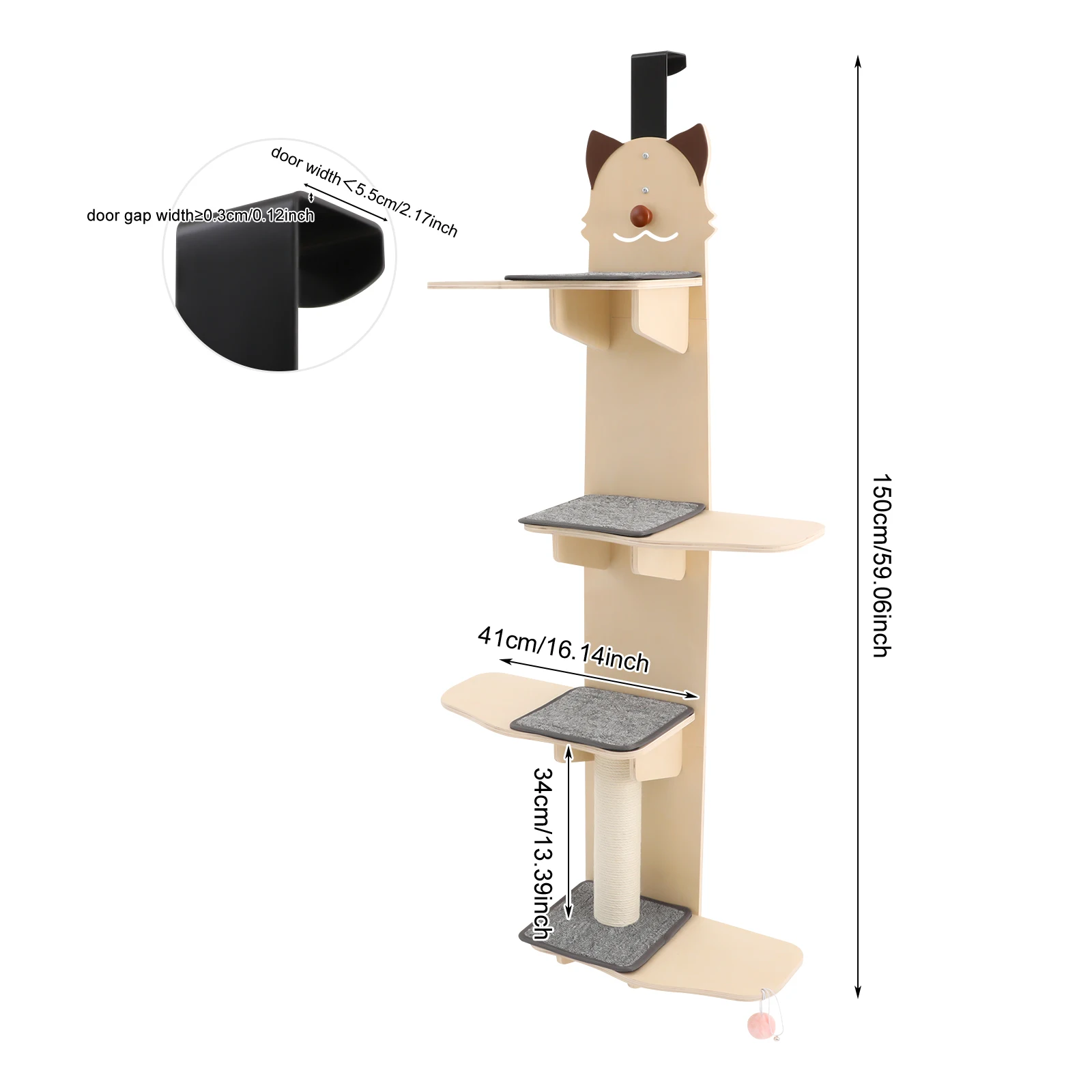 Light Wood Color Solid Wood 4-tier Cat Door Hanger with Tease Ball Practical Accessories Hook-and-loop Fastener for Cats To Climb, Scratch, Play, Rest