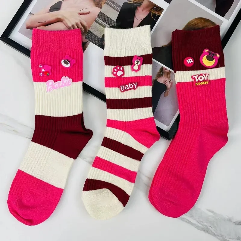 Disney Toy Story Lotso Women Socks Cartoon Cute Mid Tube Socks For Girls Autumn Winter Breathable Casual Cotton Sports Socks