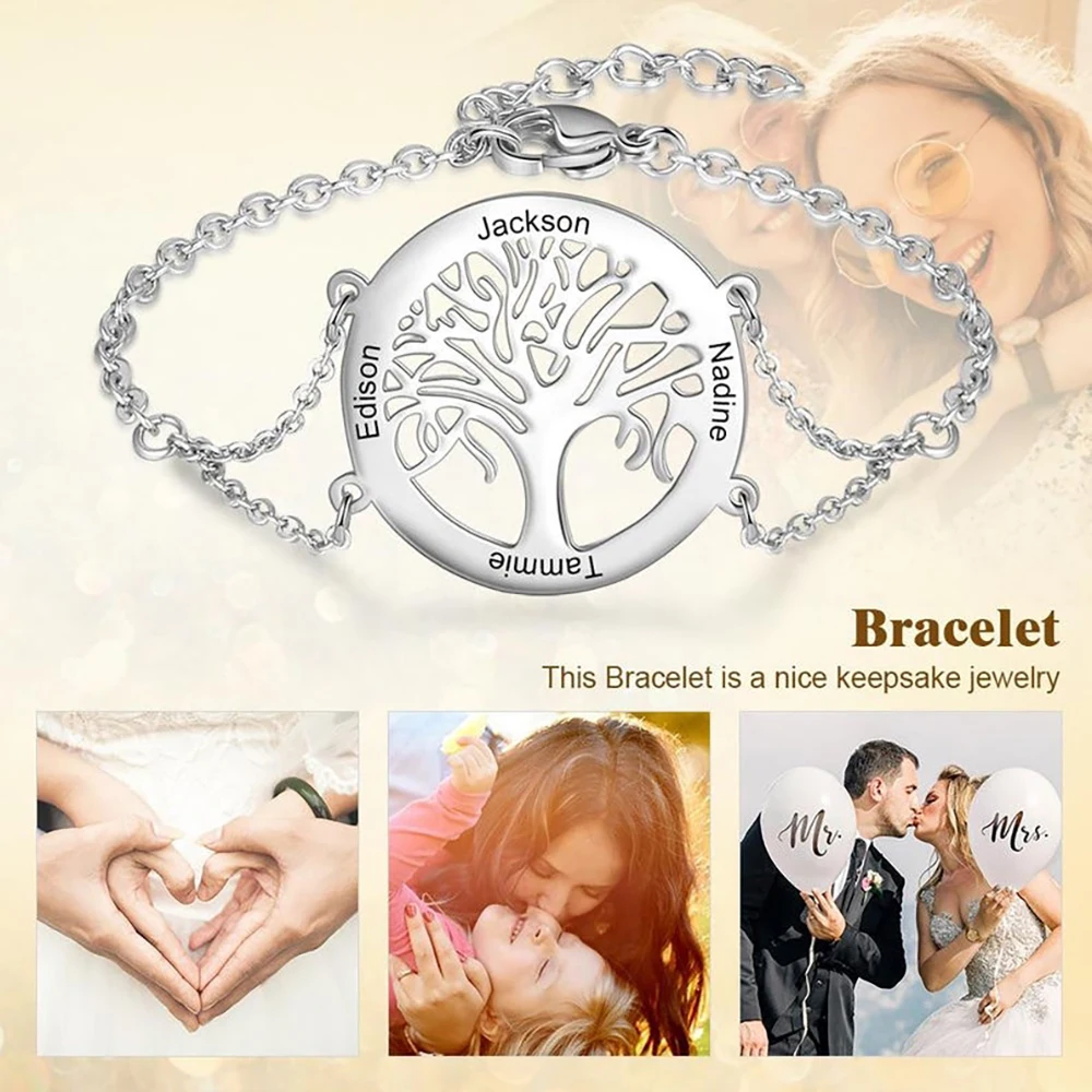 Custom 1-4 Names Bracelet for Women Stainless Steel Personalized Tree of Life Round Family Tree Bracel for Men Jewelry Gift New