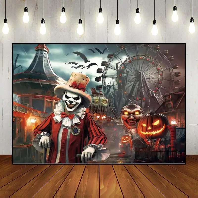 Photo Happy Birthday Decoration Banner Creepy Party Wall Clown Theme Horror Photography Haunted House Custom Circus Backdrop