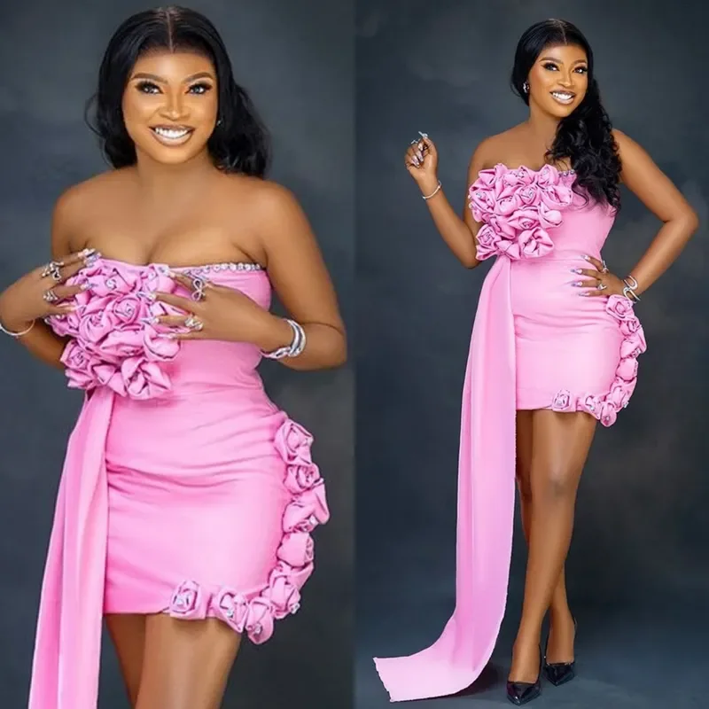 

Customized Pink Aso Ebi Women's Cocktail Party Dress Sexy Short Mini Dress Phantom Strapless Back to School Dress Nigeria Dress