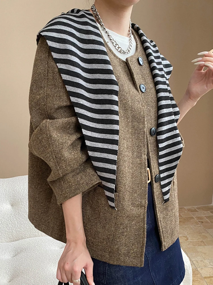 YERMORA Coffee Tweed Pocket Wool Shawl Jacket For Women O-Neck Long Sleeve Loose New Coat Fashion Tide Autumn Winter 2025