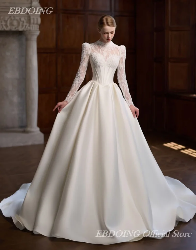 EBDOING Wedding Dress A-Line Satin Sweetheart Neck Neckline With Key-Hole Back Basque Customized Bride Gown