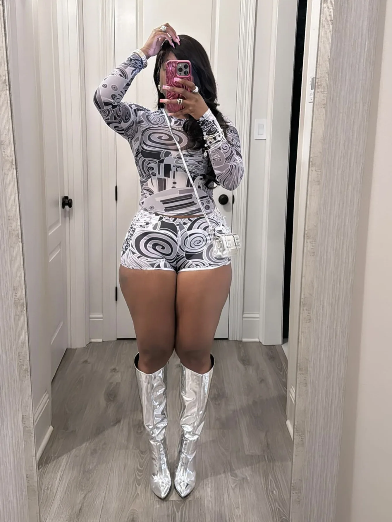 

STYLISH LADY Sexy Sheer Mesh 2 Piece Set Abstract Print Long Sleeve Top And Shorts 2026 Summer Women Streetwear Outfits