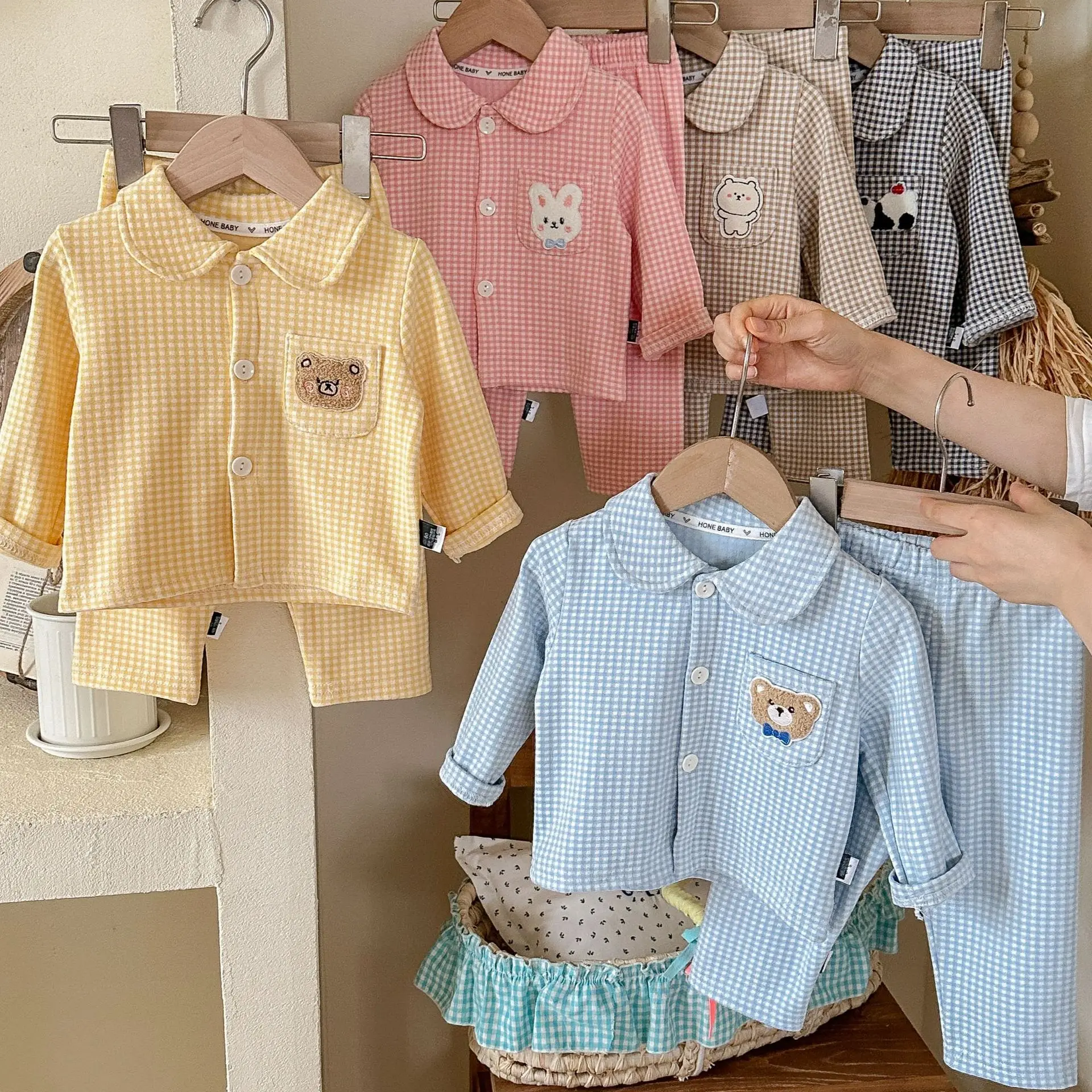 Children Autumn Homewear Set Long Sleeve Plaid Cartoon Sleepwear Polyester for Boys Girls Spring Fall