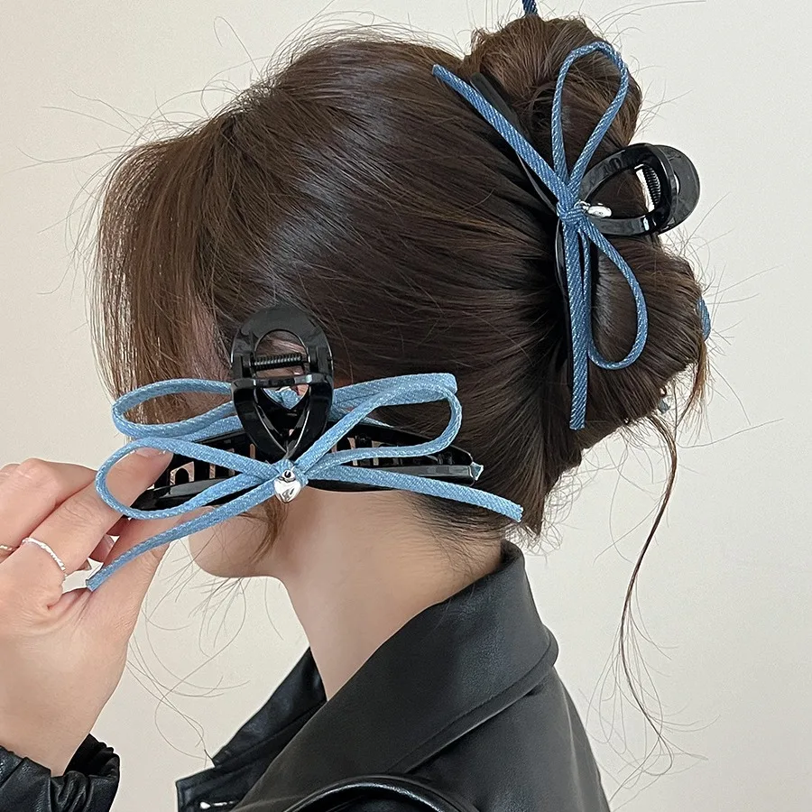 Blue Denim Fabric Butterfly Shark Hair Claw Clip Cute Korean Small Unique Back Head Hair Accessory for Women Summer
