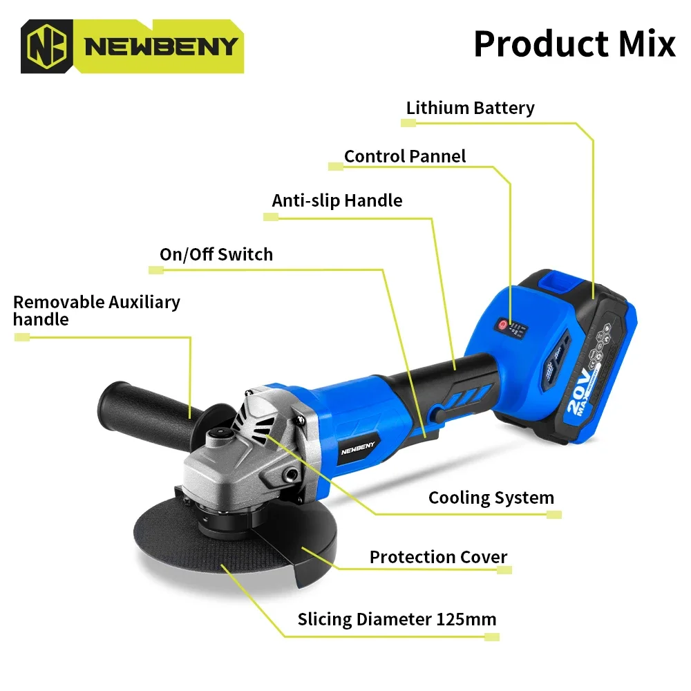 NewBeny 125mm Cordless Brushless Angle Grinder 3Gear DIY Woodworking Cutting Polishing Grinding Power Tool For Makita 18VBattery