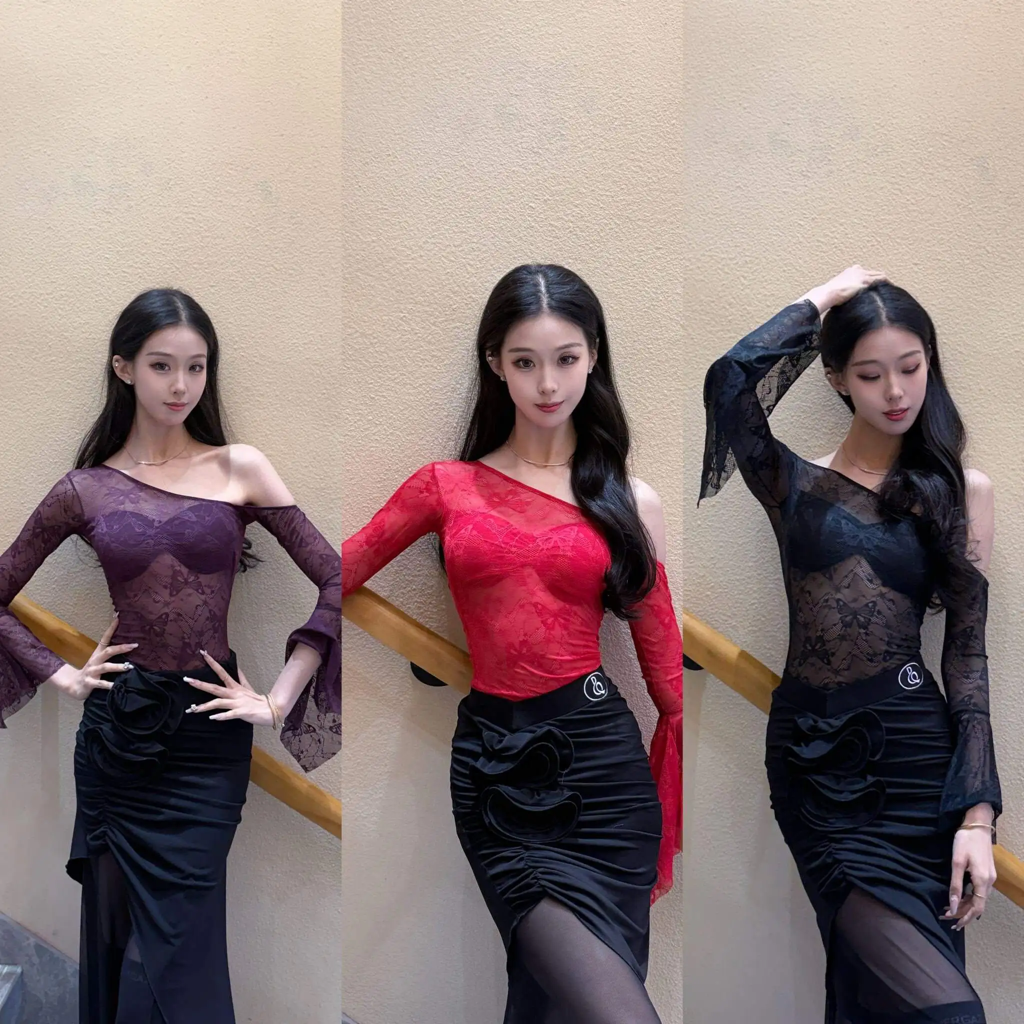 Tops de baile latino con hombros descubiertos y encaje sexy para mujer, ropa de baile de salón para adultos, ropa de práctica de Rumba y Salsa SS2003