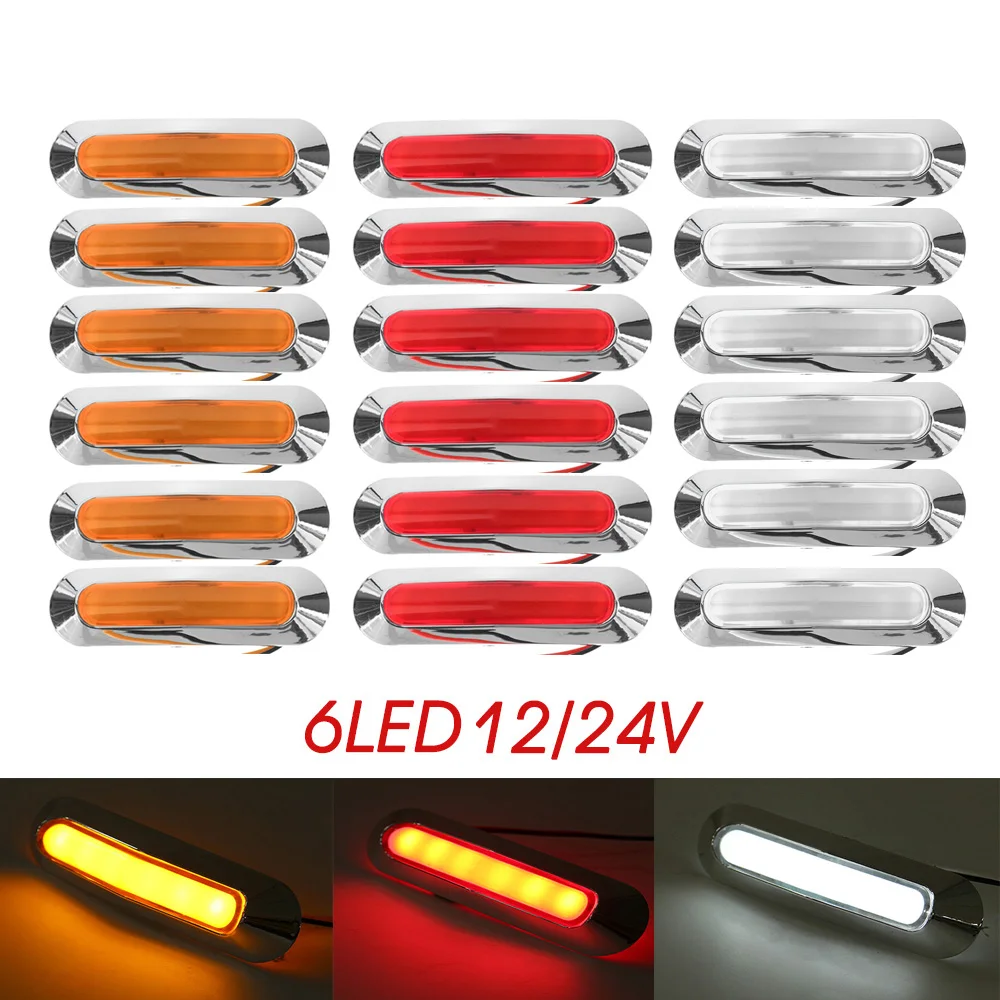 ATVOV 6PCS 6 LED 12V 24V Chrome Bezel Side Marker Light External Warning Lamp Indicator Trailer Truck Lorry Orange White Red