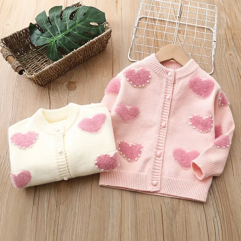 

Baby Girls Autumn Winter Knitted Sweater Children Cotton Cardigan Spring Hearted Print Clothes Pearl Decoration Full Sleeve Top