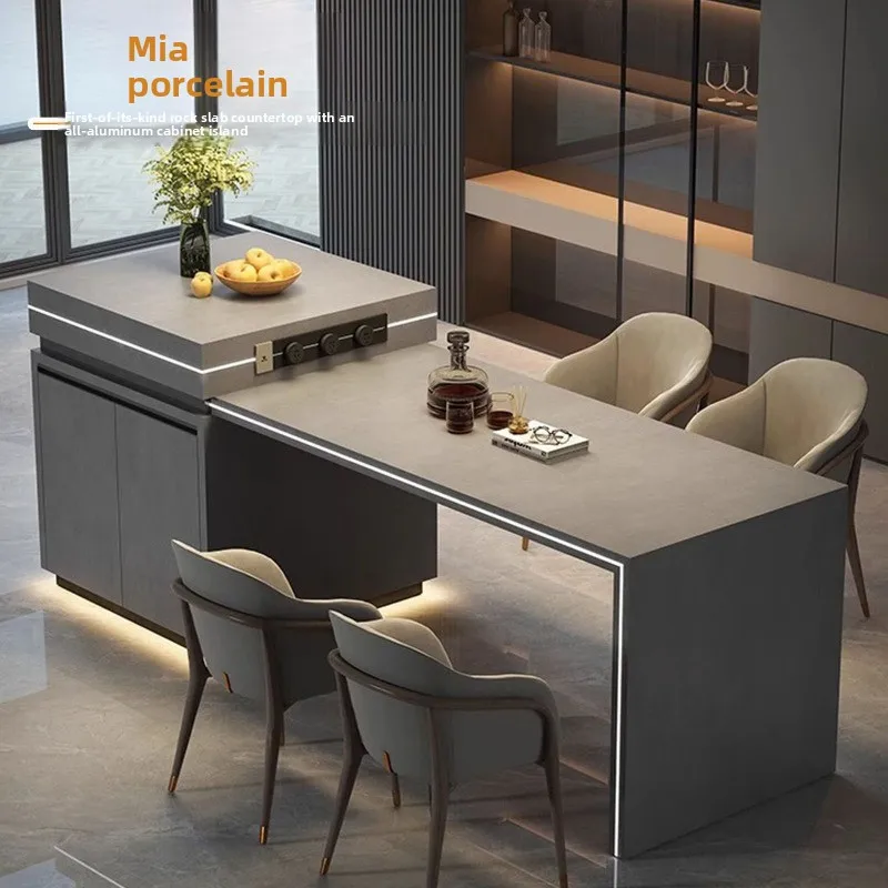 Household retractable rock slab island small apartment cabinet, island dining table integrated kitchen haute couture cabinet