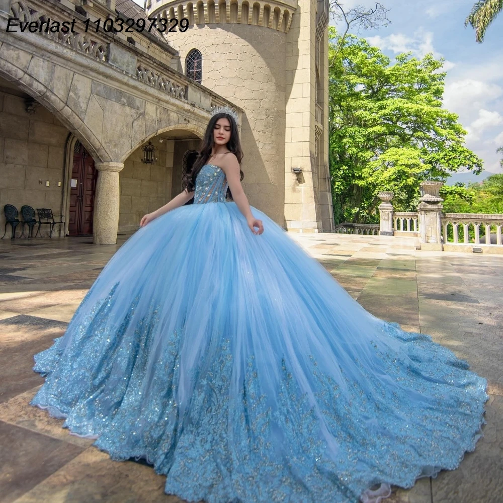 

EVLAST Customized Sky Blue Quinceanera Dress Ball Gown Lace Applique Beaded Mexico Corset Sweet 16 Vestido De 15 Anos QD1098