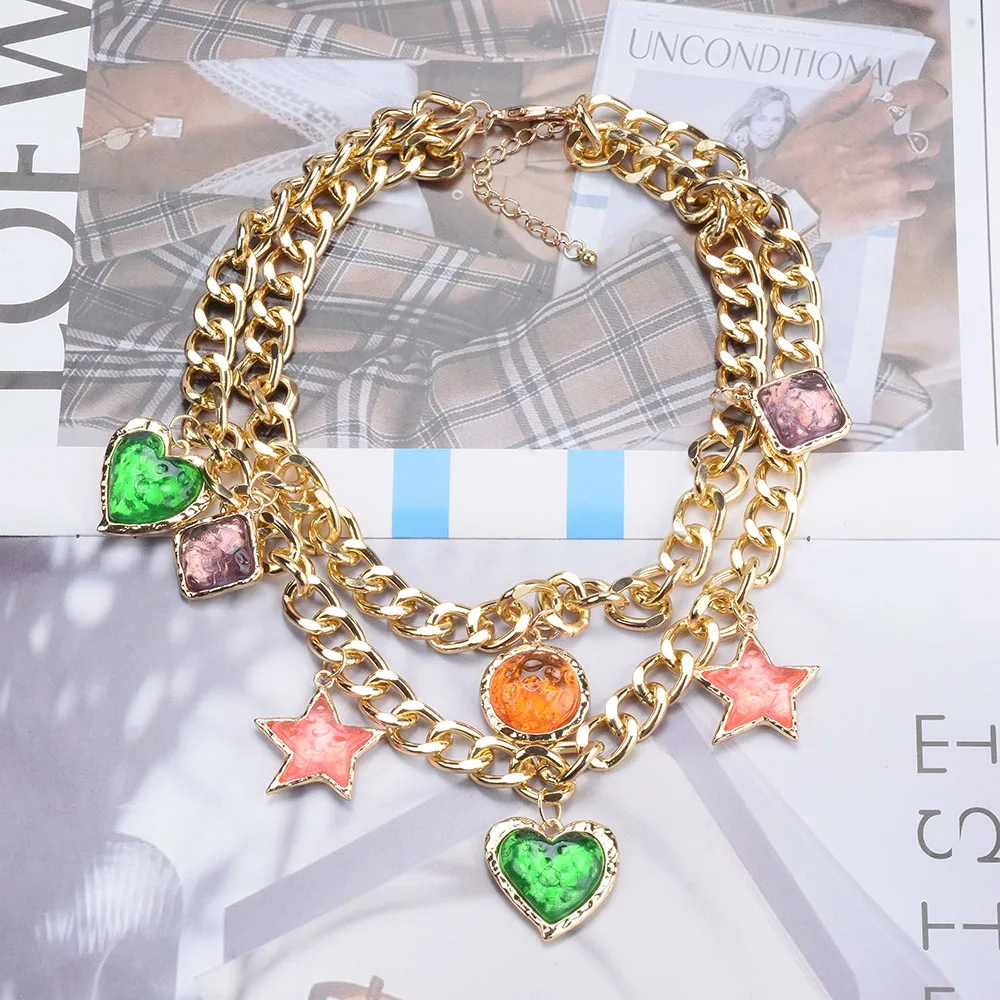 2024 New ZA Golden Metal Chains Link Choker Necklace With Charm Heart Star Pentants For Women Jewelry Vintage Statement Necklace