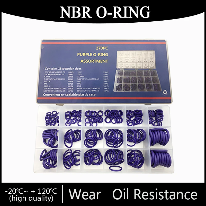 270Pcs Purple NBR O Ring Repair Kit CS 1.78/1.8/1.9/2/2.26/2.65/3.53mm Nitrile Rubber Oilproof Watertight Seal Gasket Box