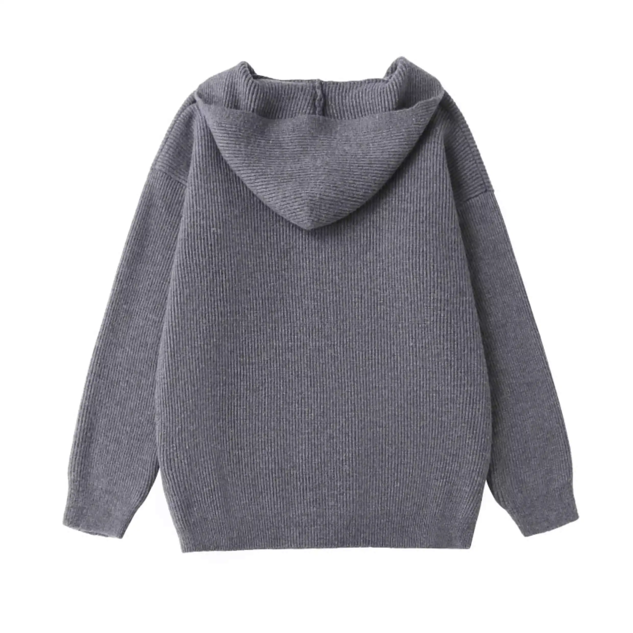 Retro Grey Zipper High Neck Hooded Cardigan Lazy Style Casual European and American Knitted Sweater
