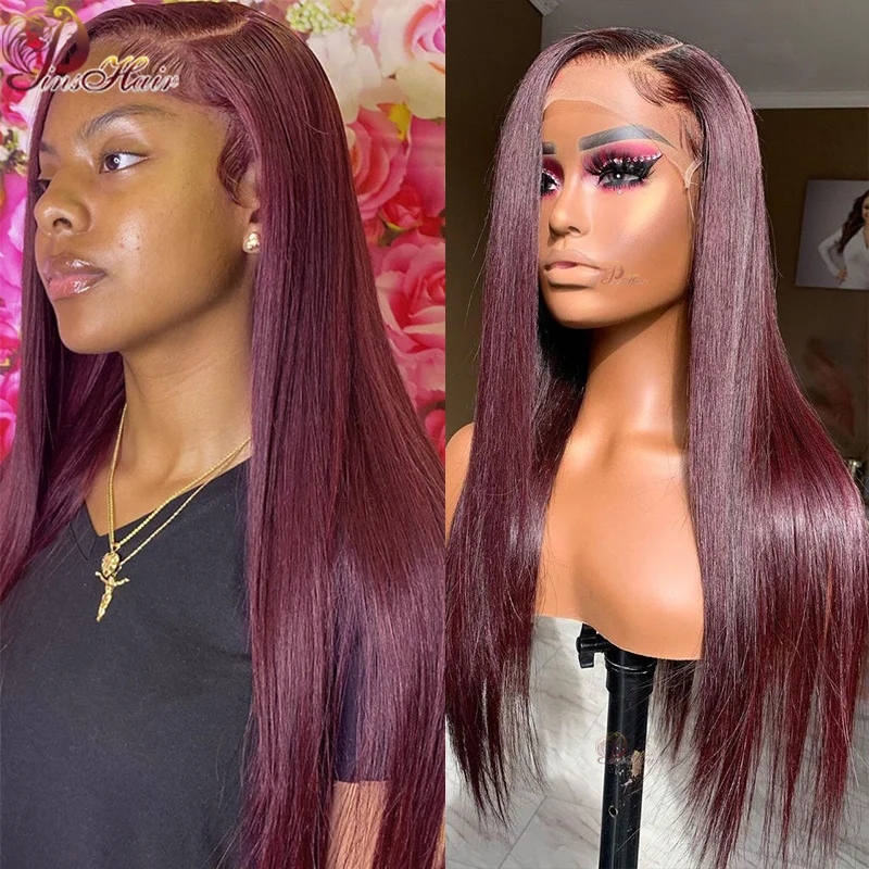 Burgundy 99J Lace Front Human Hair Wigs Pre Plucked Straight 13x6 Transparent Lace Frontal Wig Cherry Red Remy Human Hair 180%