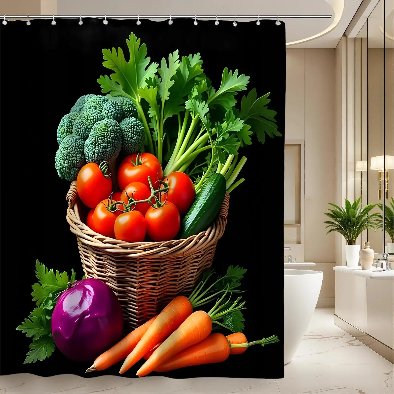 Vibrant Fresh Produce Basket Shower Curtain Kitchen Bathroom Decor Realistic Vegetables Fruits Wall Art