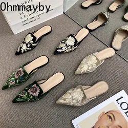 2026 Summers Embroidery Women Mules Slippers Luxury Fashion Elegant Pointed Toe Slides Shoes Ladies Dress Flats Sandalias