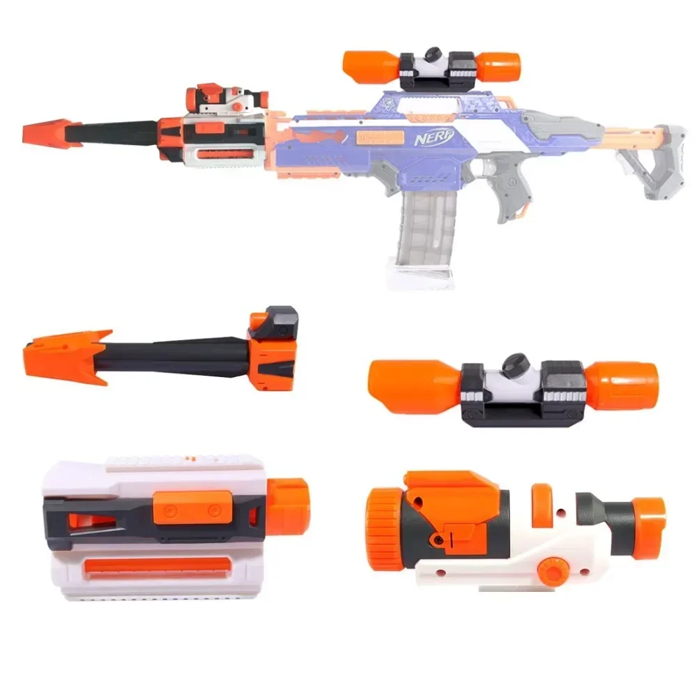 

Универсальный комплект для модификации игрушечного пистолета серии Nerf N-strike Elite: глушитель, фонарик, аксессуары.