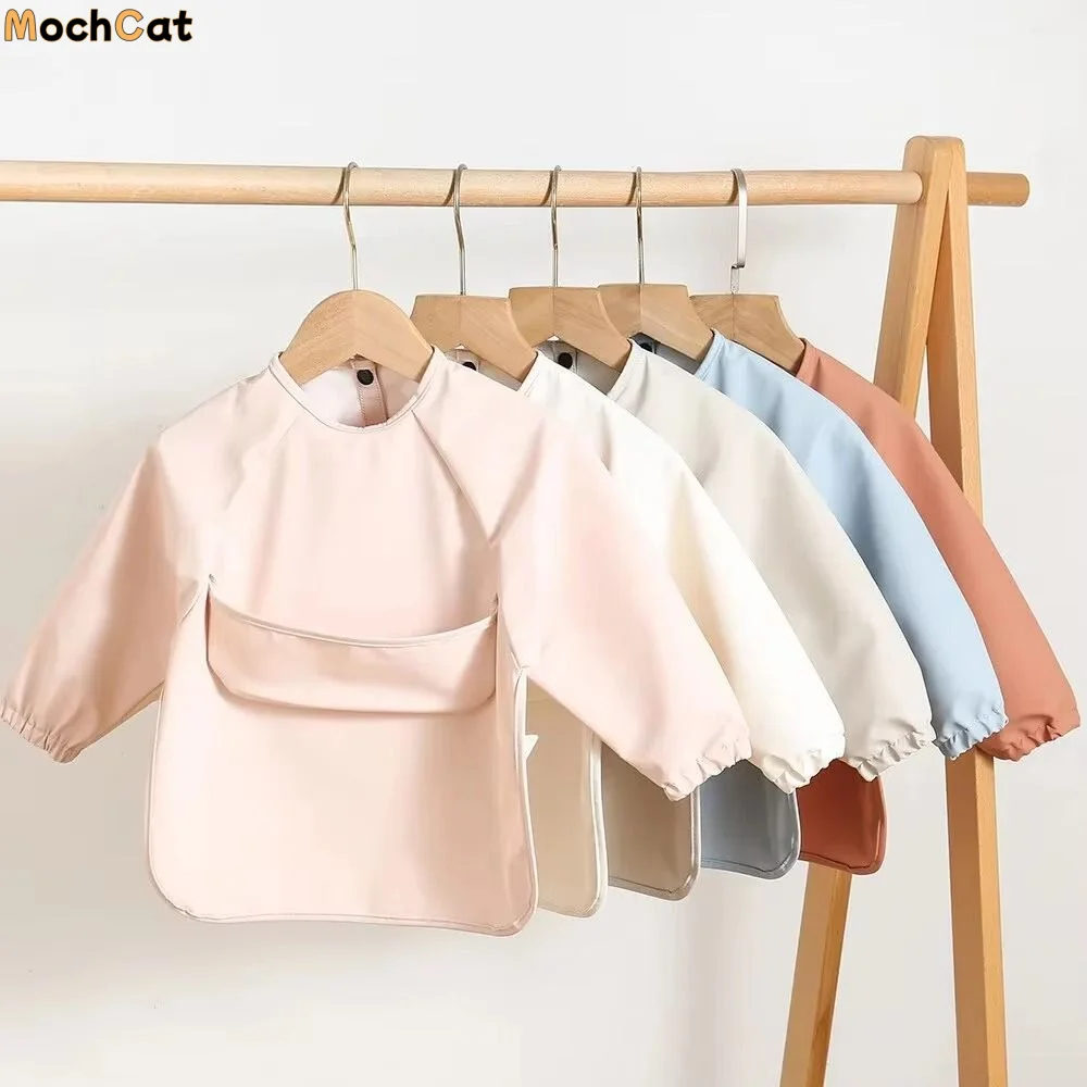 

Solid Color Baby Feeding Bib Waterproof Soft Material Long Sleeve Bib Easy Clean Reusable Washable Burp Cloth Infant Use