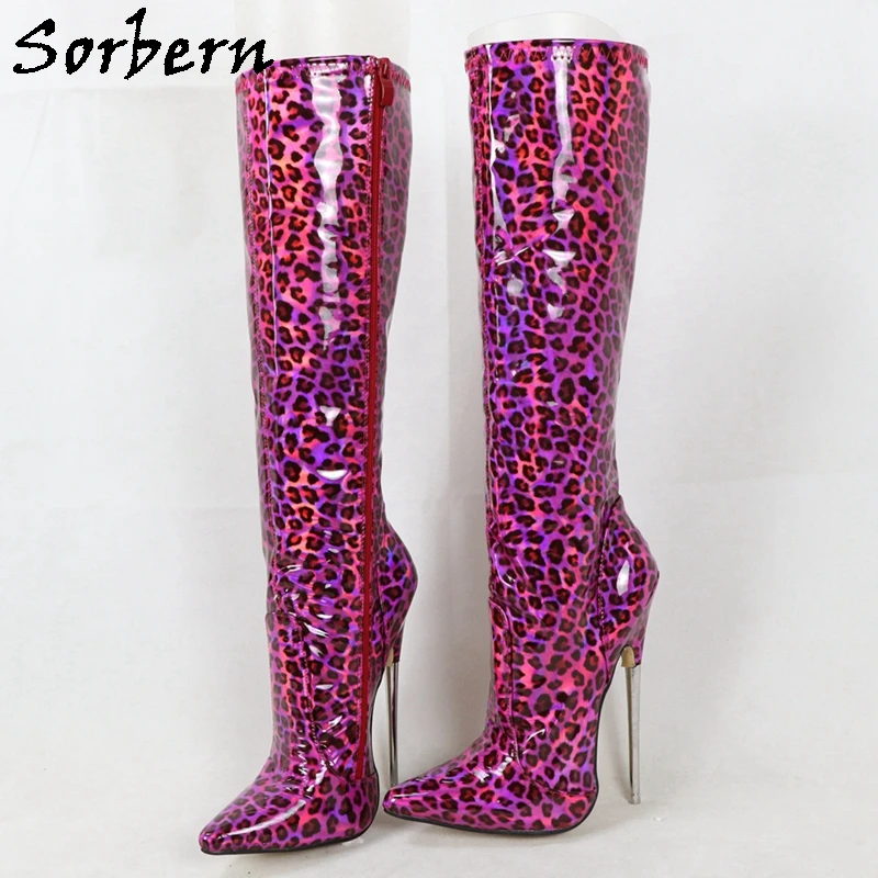 Sorbern Holo Purple Leopard Knee High Boots Women 18Cm Metal High Heel Stilettos Pointed Toe Custom Wide Or Slim Fit Legs