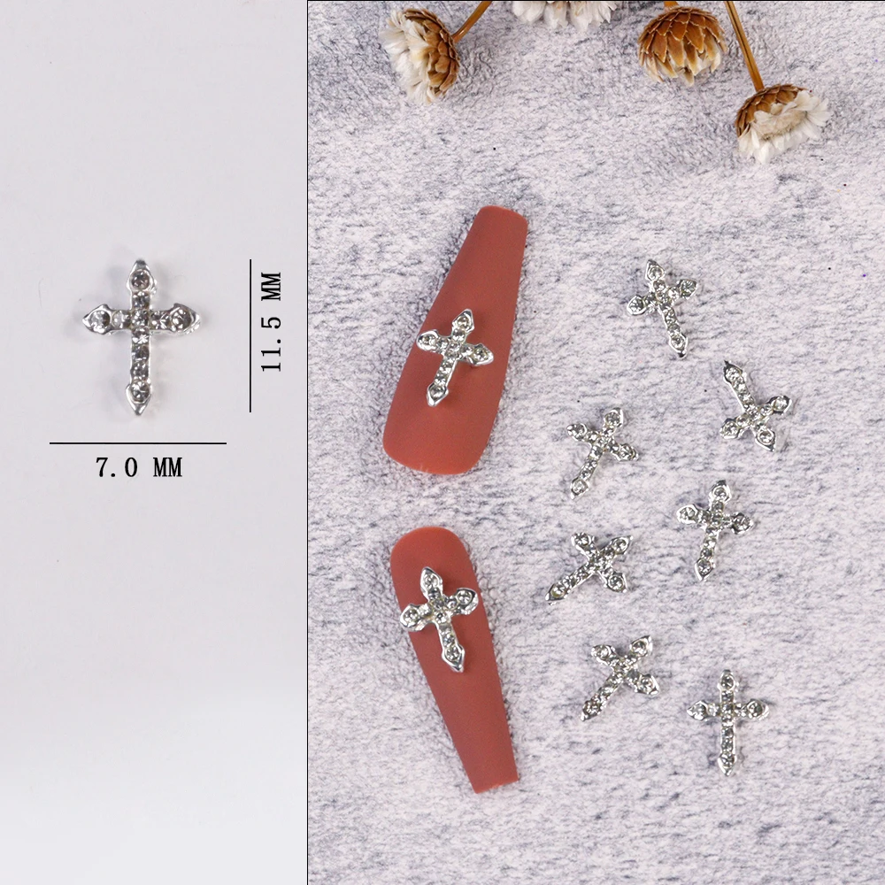 10 sztuk złoty/srebrny krzyż paznokci Charms 7*11cm z płaskim powrotem biżuteria ze stopu 3D klasyczne brokat krzyż dżetów klejnoty Manicure Decor *-JE-