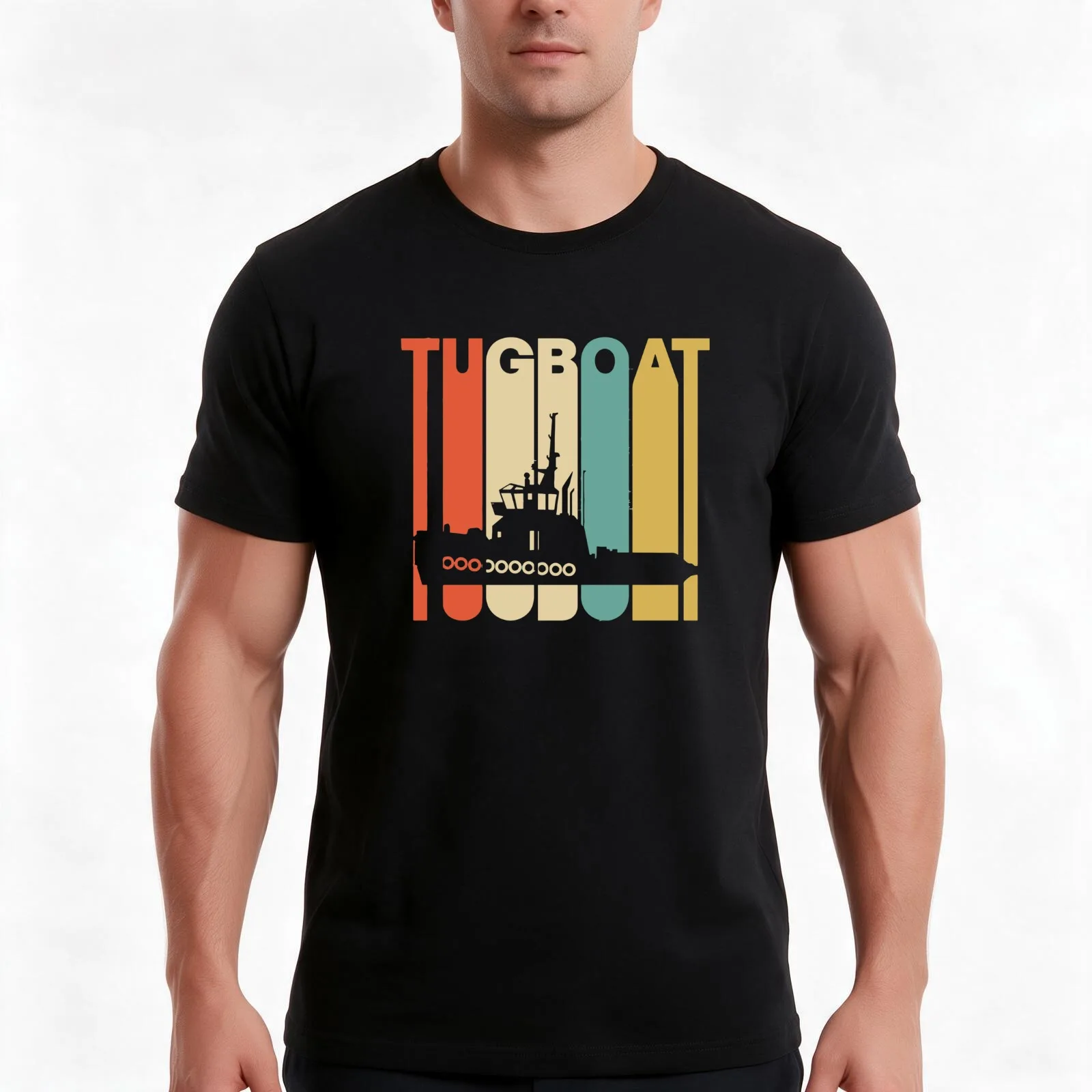 Vintage Style Tugboat Silhouette Shirt T-Shirt, Summer Casual Cotton Tee, Oversized Streetwear Tops, Vintage Graphic Print