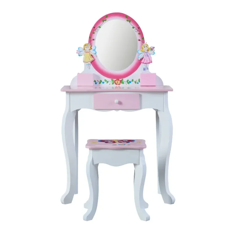 Kids Furniture Dressing Tables Wooden Mirrored Dresser Children  Make Up Table Set