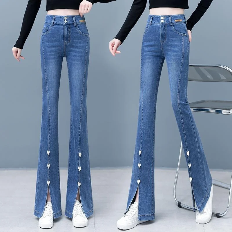 

Bootcut Jeans Woman High Waist Wide Legged New European Style Solid Color Straight All Match Floral Embroidery Low Rise Flared