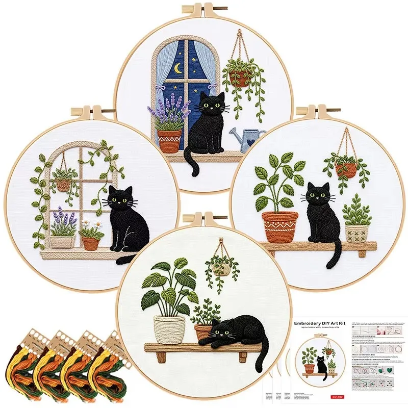 New Black Cat Green Plant DIY Embroidery Material Pack Spring Potted Plant Series Embroidery Kit