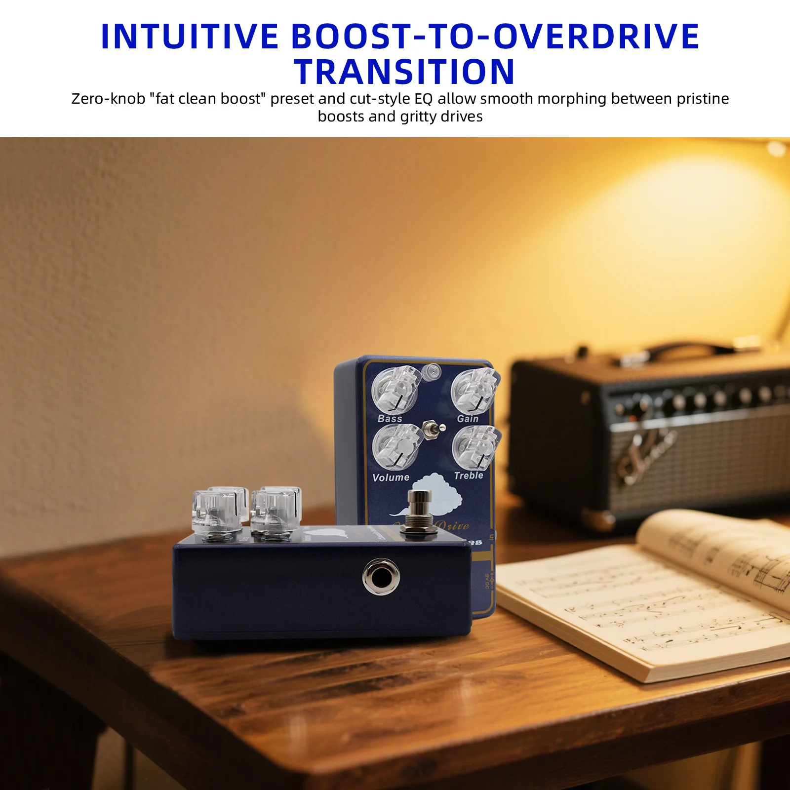 

True Bypass Cloud Drive Pedal, Clean Booster & Overdrive with Zero-Knob Fat Boost - Preserves Your Core Tone