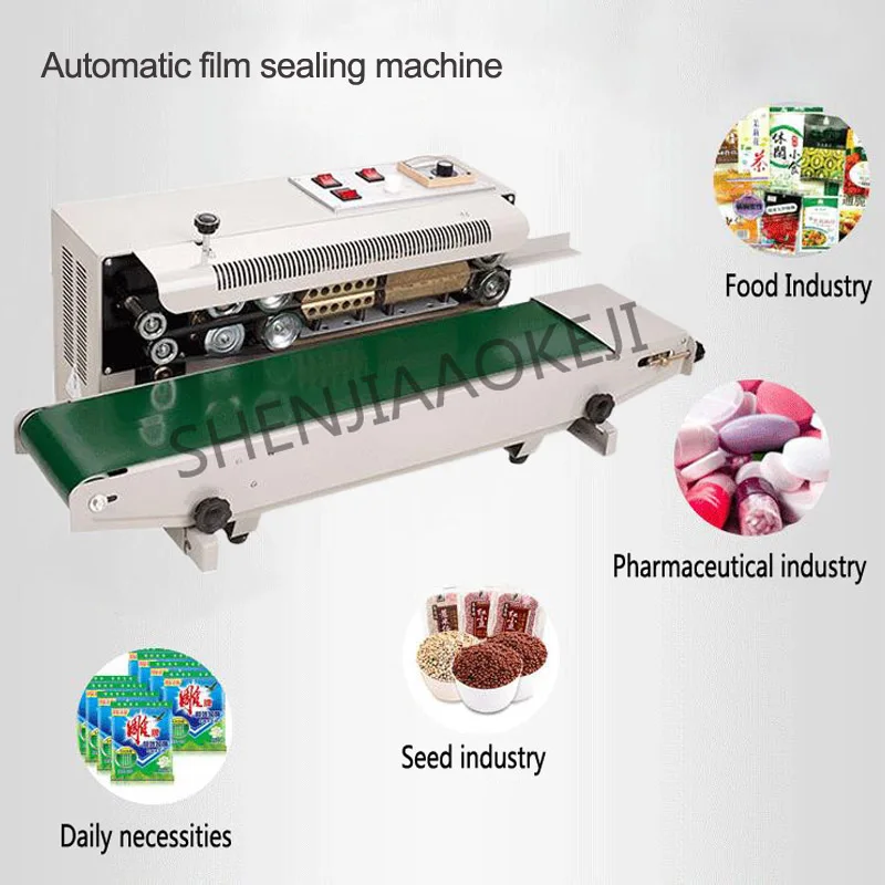 FR-900 Horizontal Continuous Band Sealer Printable Date Film Bag Automatic Heat Sealing Machine Food Sealer 220V/110v