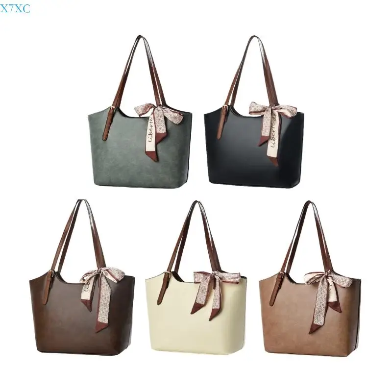 

X7XC Retro Shoulder Bag with Bows Scarf Decors Spacious Office Satchel Casual Handbag